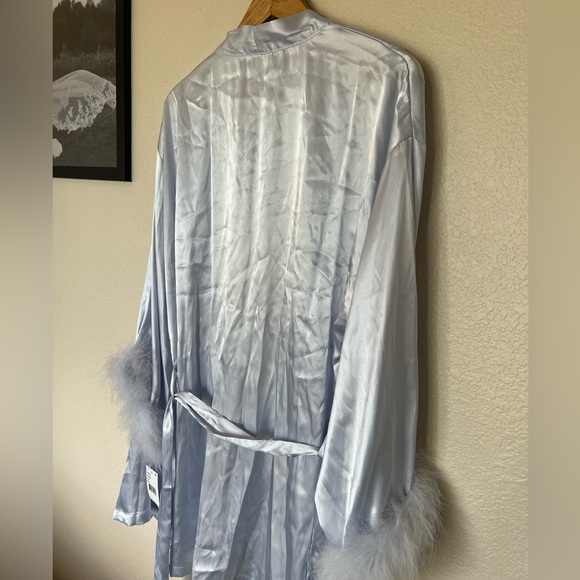 In Bloom by Jonquil | Light Blue Feather Trim Satin Robe - Picture 8 of 10